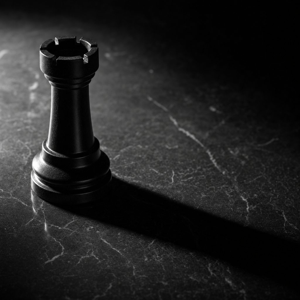 A black chess rook on dark stone, lit from a single hard source